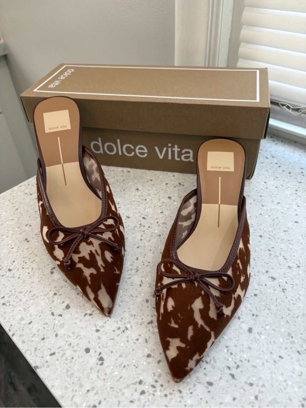 NIB Dolce Vita Cocoa Leopard Velvet Mesh Pointed Toe Mules w/ Bow- Kitten heels